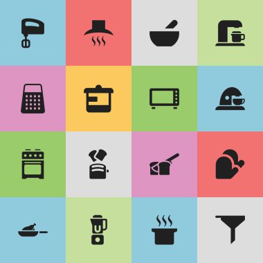 16 düzenlenebilir yemek simgeler kümesi. Fırın, fırın ve mutfak Hood gibi simgeler içerir. Web, mobil, UI ve Infographic tasarımı için kullanılabilir.