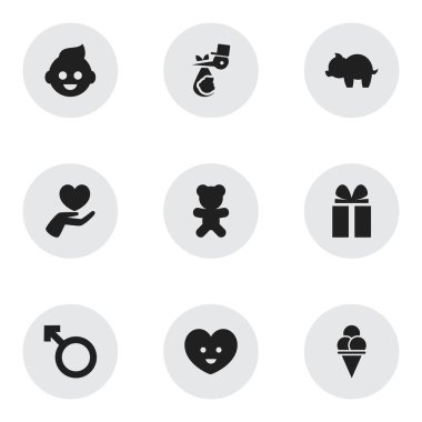 9 düzenlenebilir Kin simgeler kümesi. Çocuk, adam amblemi, kalp ve daha fazlası gibi simgeler içerir. Web, mobil, UI ve Infographic tasarımı için kullanılabilir.