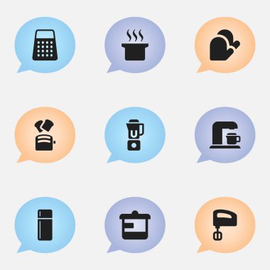 9 düzenlenebilir gıda simgeler kümesi. Çorba Pot, el mikseri, dilim ekmek gibi simgeler içerir. Web, mobil, UI ve Infographic tasarımı için kullanılabilir.