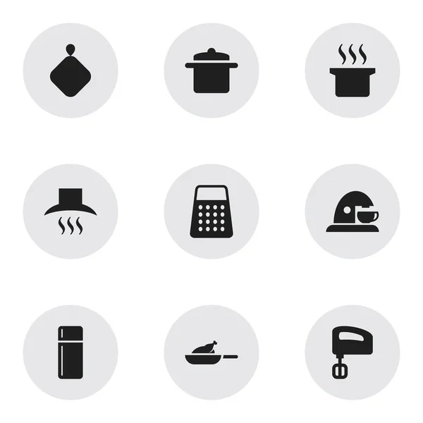 Conjunto de 9 iconos de alimentos editables. Incluye símbolos como utensilios de cocina, refrigerador, campana de cocina y más. Puede ser utilizado para el diseño de la tela, móvil, interfaz de usuario e infografía . — Archivo Imágenes Vectoriales