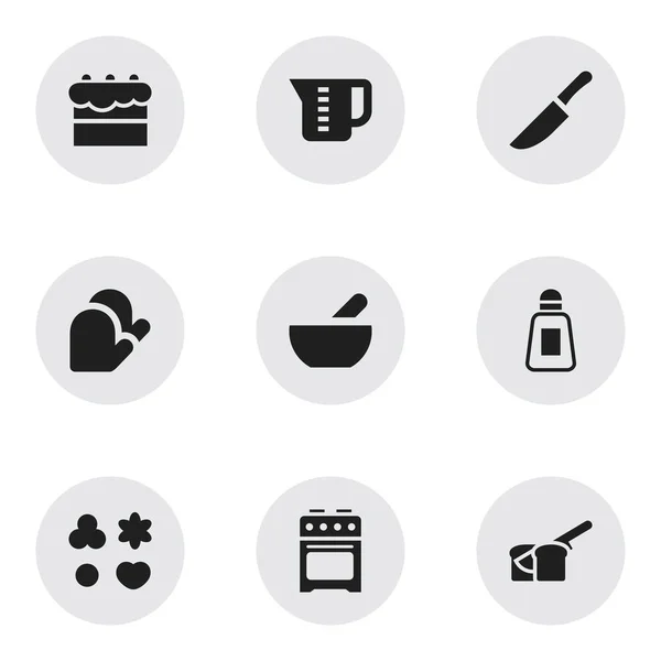 Uppsättning av 9 redigerbara Cook ikoner. Innehåller symboler såsom kniv, mensuralnotskrift, Saltshaker och mer. Kan användas för webb-, mobil-, Ui- och Infographic Design. — Stock vektor