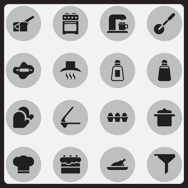 Készlet 16 szerkeszthető Cook ikonok. Magában foglalja a szimbólumok például a szűrés, tojás karton, edények és így tovább. Lehet használni a Web, mobil, Ui és Infographic Design. — Stock Vector