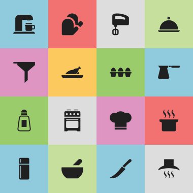 16 düzenlenebilir gıda simgeler kümesi. Sembolleri filtreleme gibi Çorba kazanı, soba ve daha fazlasını içerir. Web, mobil, UI ve Infographic tasarımı için kullanılabilir.