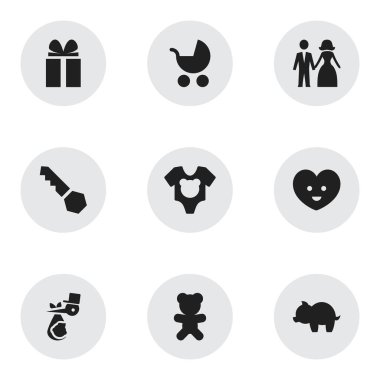 9 düzenlenebilir Kin simgeler kümesi. Elbise, oyuncak, kilit ve daha fazlası gibi simgeler içerir. Web, mobil, UI ve Infographic tasarımı için kullanılabilir.