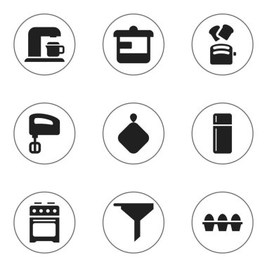 9 düzenlenebilir gıda simgeler kümesi. Sembolleri filtre uygulama gibi soba, tencere tutacağı vb. içerir. Web, mobil, UI ve Infographic tasarımı için kullanılabilir.