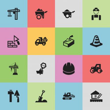 16 düzenlenebilir inşaat simgeler kümesi. Semboller, ev planlama, kask, Camion ve daha fazlası gibi içerir. Web, mobil, UI ve Infographic tasarımı için kullanılabilir.