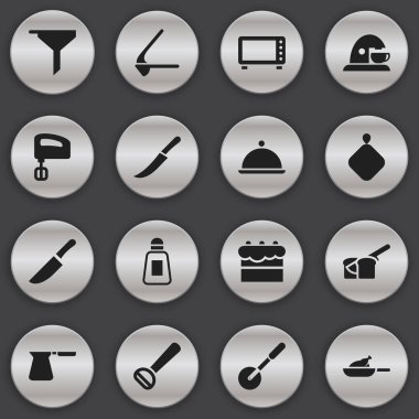 16 düzenlenebilir Cook simgeler kümesi. Bıçak, tencere tutacağı, süzme gibi sembolleri ve daha fazlasını içerir. Web, mobil, UI ve Infographic tasarımı için kullanılabilir.