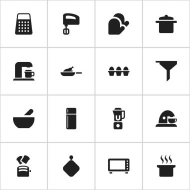 16 düzenlenebilir yemek simgeler kümesi. Tencere tutacağı, dilim ekmek, süzme gibi sembolleri ve daha fazlasını içerir. Web, mobil, UI ve Infographic tasarımı için kullanılabilir.