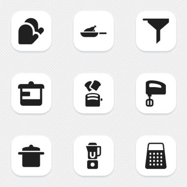 9 düzenlenebilir pişirme simgeler kümesi. Gereçler, parçalayıcı, süzme gibi sembolleri ve daha fazlasını içerir. Web, mobil, UI ve Infographic tasarımı için kullanılabilir.