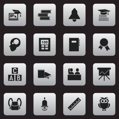 16 düzenlenebilir eğitim simgeler kümesi. Zafer madalyon, çantanı, eğitim ve daha fazlası gibi simgeler içerir. Web, mobil, UI ve Infographic tasarımı için kullanılabilir.