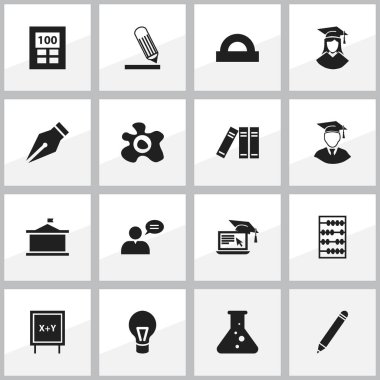 16 düzenlenebilir bilim simgeler kümesi. Uzaktan eğitim, lamba, Diplomaed erkek ve daha fazlası gibi simgeler içerir. Web, mobil, UI ve Infographic tasarımı için kullanılabilir.