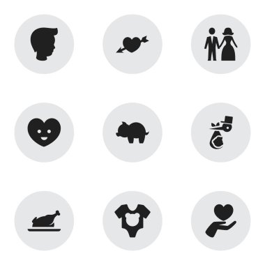 9 düzenlenebilir aile simgeler kümesi. Ruh, çocuk, elbise ve daha fazlası gibi simgeler içerir. Web, mobil, UI ve Infographic tasarımı için kullanılabilir.