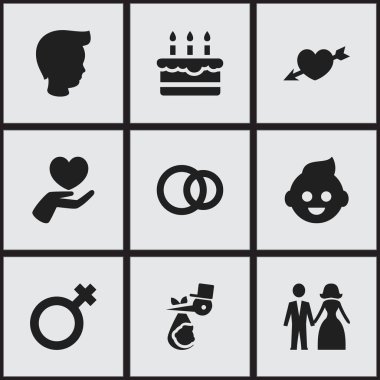 9 düzenlenebilir Kin simgeler kümesi. Kadın işaret, çocuk, sevgi ve daha fazla gibi simgeler içerir. Web, mobil, UI ve Infographic tasarımı için kullanılabilir.