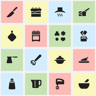 16 düzenlenebilir pişirme simgeler kümesi. Dilim ekmek, Mensural, gibi simgeler karıştırıcı ve daha fazlasını içerir. Web, mobil, UI ve Infographic tasarımı için kullanılabilir.