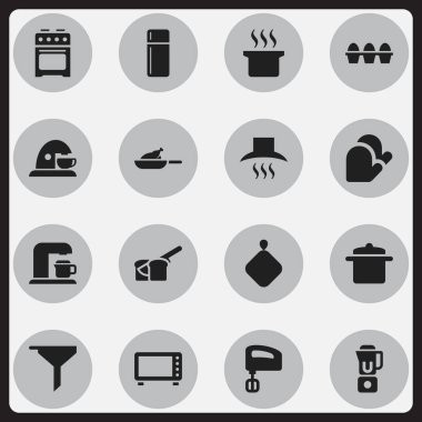 16 düzenlenebilir yemek simgeler kümesi. Yumurta kartonu, karıştırıcı ve ızgara gibi simgeler içerir. Web, mobil, UI ve Infographic tasarımı için kullanılabilir.