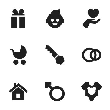 9 düzenlenebilir Kin simgeler kümesi. Adam amblemi, Hoop, kalp ve daha fazlası gibi simgeler içerir. Web, mobil, UI ve Infographic tasarımı için kullanılabilir.