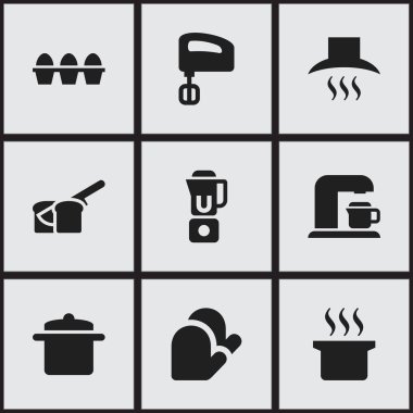 9 düzenlenebilir yemek simgeler kümesi. Çorba kazanı, karıştırıcı, mutfak eldiveni ve daha fazlası gibi simgeler içerir. Web, mobil, UI ve Infographic tasarımı için kullanılabilir.