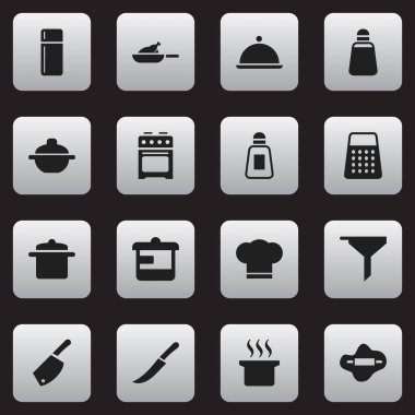 16 düzenlenebilir pişirme simgeler kümesi. Buzdolabı, filtreleme, kılıç ve daha fazlası gibi simgeler içerir. Web, mobil, UI ve Infographic tasarımı için kullanılabilir.