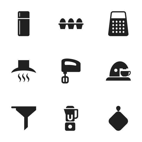 Set de 9 iconos de cocina editables. Incluye símbolos tales como Pot-Holder, cartón del huevo, refrigerador y más. Puede ser utilizado para el diseño de la tela, móvil, interfaz de usuario e infografía . — Vector de stock