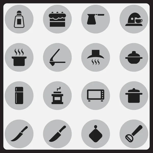 Zestaw 16 edycji ikon gotowania. Zawiera symbole, takie jak Husker, Cup, okapu kuchennego i więcej. Mogą być używane dla sieci Web, mobilnych, interfejsu użytkownika i Infographic Design. — Wektor stockowy
