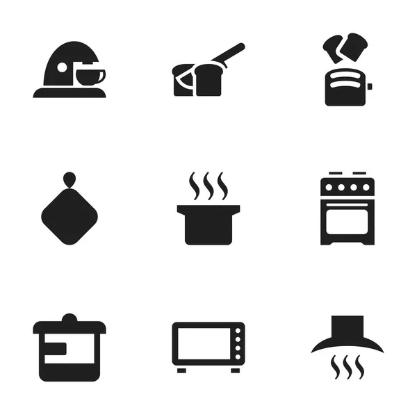 Набір з 9 піктограм їжі. Включає в себе такі символи, як різання хліба, горщик-холдер, піч і багато іншого. Може використовуватися для веб, мобільного, інтерфейсу та інфографіки . — стоковий вектор