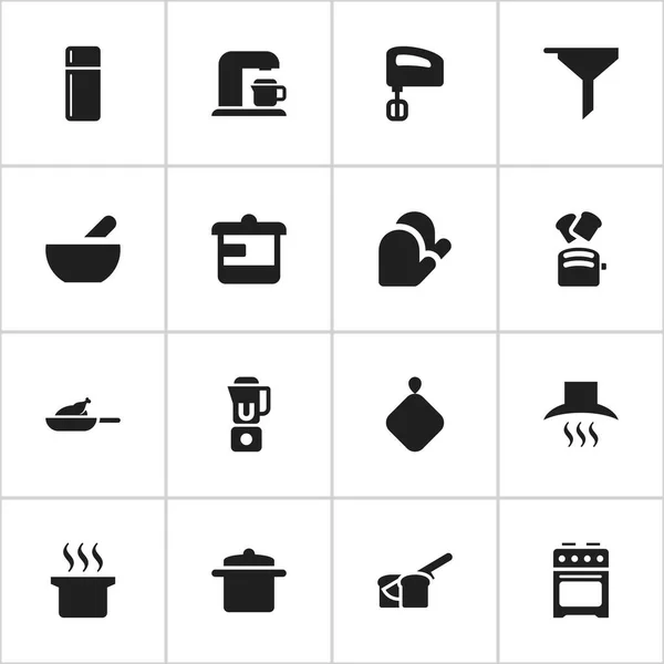 Набор из 16 столовых иконок. Includes Symbols such as Refrigerator, Pot-Holder, Drink Maker and More. Can be used for Web, Mobile, UI and Infographic Design . — стоковый вектор