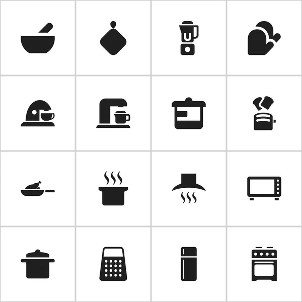 Set von 16 editierbaren Menüsymbolen. beinhaltet Symbole wie Reißwolf, Küchenhandschuh, Suppe und mehr. kann für Web-, Mobil-, UI- und Infografik-Design verwendet werden. — Stockvektor