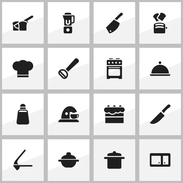 Conjunto de 16 iconos de alimentos editables. Incluye símbolos tales como espada trasera, cuchillo, mezclador de mano. Puede ser utilizado para el diseño de la tela, móvil, interfaz de usuario e infografía . — Vector de stock