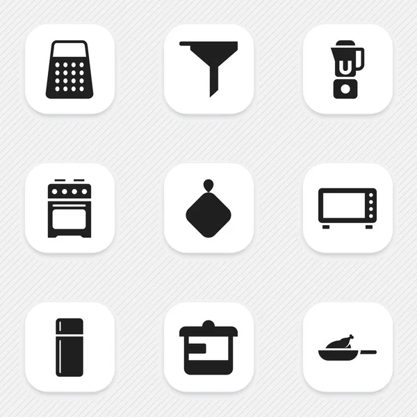Набір з 9 значків їжі. Включає в себе такі символи, як піч, фільтрація, гриль та багато іншого. Може використовуватися для веб, мобільного, інтерфейсу та інфографіки . — стоковий вектор