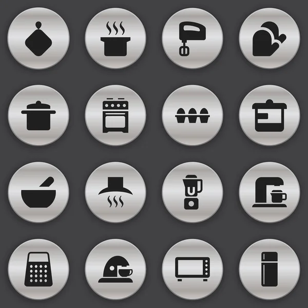Ensemble de 16 icônes alimentaires modifiables. Comprend des symboles tels que le capot de cuisine, réfrigérateur, porte-pot et plus encore. Peut être utilisé pour le Web, mobile, interface utilisateur et infographie . — Image vectorielle