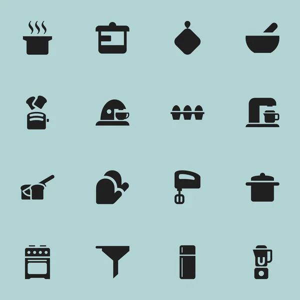 Set Of 16 Editable Food Icons. Includes Symbols Such As Refrigerator, Stove, Kitchen Glove And More. Can Be Used For Web, Mobile, UI And Infographic Design. — Stock Vector