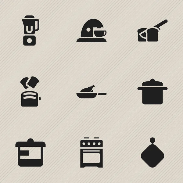 Set von 9 editierbaren Kochsymbolen. beinhaltet Symbole wie Topfhalter, Becher, Backwaren und vieles mehr. kann für Web-, Mobil-, UI- und Infografik-Design verwendet werden. — Stockvektor