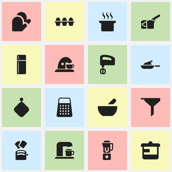 Set Of 16 Editable Cooking Icons. Includes Symbols Such As Pot-Holder, Grill, Shredder And More. Can Be Used For Web, Mobile, UI And Infographic Design. — Stock Vector