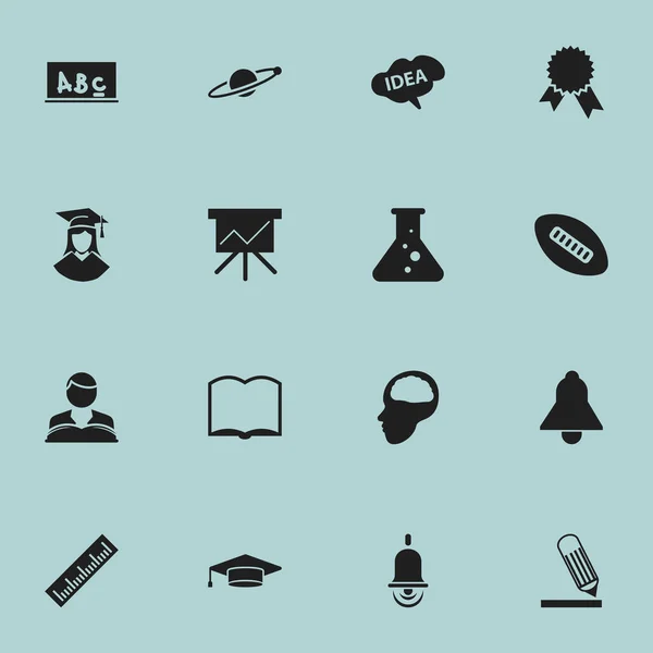 Conjunto de 16 iconos educativos editables. Incluye símbolos tales como bola oval, tablero de la escuela, tablero de carta y más. Puede ser utilizado para el diseño de la tela, móvil, interfaz de usuario e infografía . — Archivo Imágenes Vectoriales