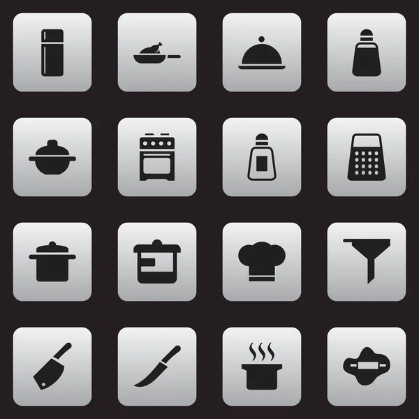 Conjunto de 16 iconos de cocina editables. Incluye símbolos tales como refrigerador, filtrado, espada y más. Puede ser utilizado para el diseño de la tela, móvil, interfaz de usuario e infografía . — Vector de stock