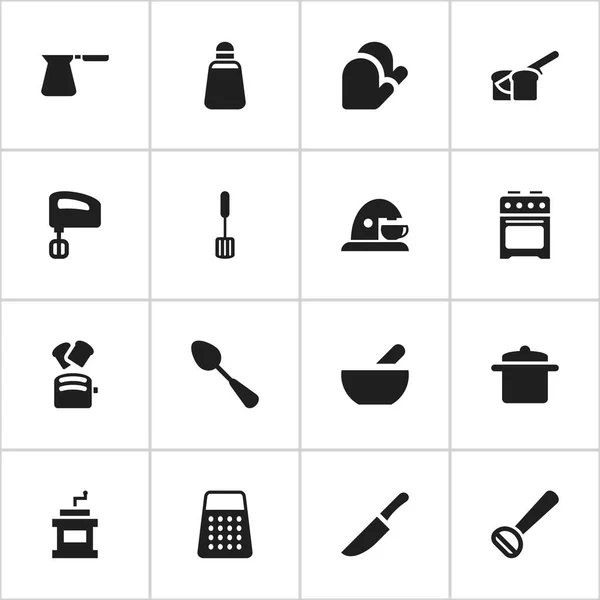 Satz von 16 editierbaren Food-Symbolen. beinhaltet Symbole wie Mokka-Mühle, Messer, Esslöffel und mehr. kann für Web-, Mobil-, UI- und Infografik-Design verwendet werden. — Stockvektor