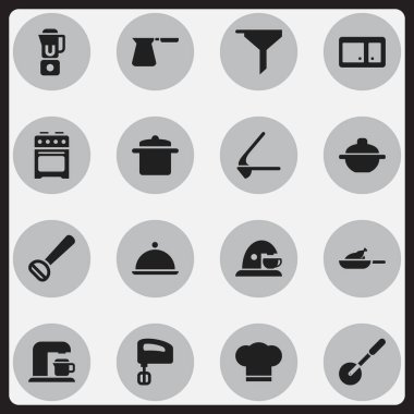 16 düzenlenebilir yemek simgeler kümesi. El Mixer, tencere, içki Maker gibi simgeler içerir. Web, mobil, UI ve Infographic tasarımı için kullanılabilir.