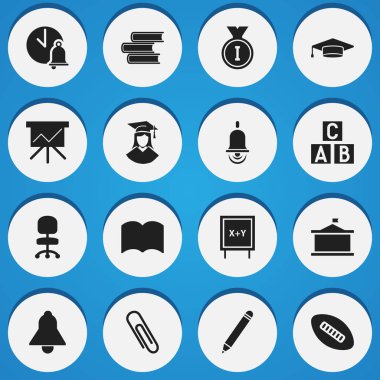 16 düzenlenebilir okul simgeler kümesi. Mezunu, Kütüphane ve kalem gibi simgeler içerir. Web, mobil, UI ve Infographic tasarımı için kullanılabilir.