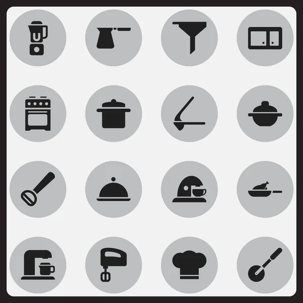 Набор из 16 столовых иконок. Includes Symbols such as Hand Mixer, Cookware, Drink Maker. Can be used for Web, Mobile, UI and Infographic Design . — стоковый вектор