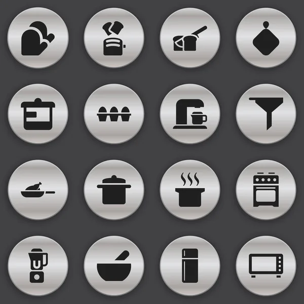 Набір з 16 значків для приготування їжі. Включає в себе такі символи, як утилізація, холодильник, горщик-холдер і багато іншого. Може використовуватися для веб, мобільного, інтерфейсу та інфографіки . — стоковий вектор