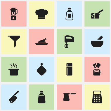 16 düzenlenebilir pişirme simgeler kümesi. El Mixer, buzdolabı, çorba gibi simgeler içerir. Web, mobil, UI ve Infographic tasarımı için kullanılabilir.
