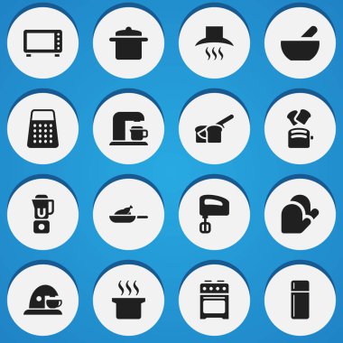 16 düzenlenebilir gıda simgeler kümesi. Fırın, karıştırıcı, el mikseri gibi simgeler içerir. Web, mobil, UI ve Infographic tasarımı için kullanılabilir.