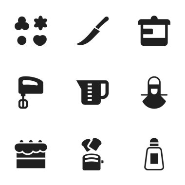 9 düzenlenebilir yemek simgeler kümesi. Karıştırıcı, dilim ekmek, kurabiye ve daha fazlası gibi simgeler içerir. Web, mobil, UI ve Infographic tasarımı için kullanılabilir.