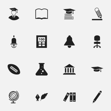 16 düzenlenebilir mezuniyet simgeler kümesi. Kimya, dünya gezegen, kalem ve daha fazlası gibi simgeler içerir. Web, mobil, UI ve Infographic tasarımı için kullanılabilir.