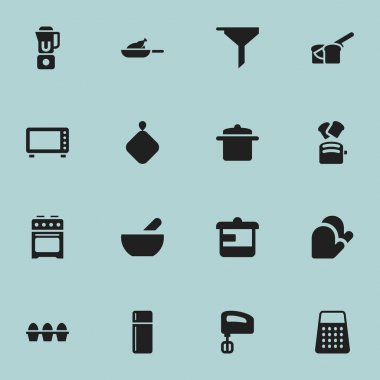 16 düzenlenebilir Cook simgeler kümesi. Tencere, fırın, yumurta kartonu ve daha fazlası gibi simgeler içerir. Web, mobil, UI ve Infographic tasarımı için kullanılabilir.