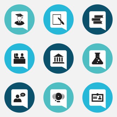 9 düzenlenebilir mezuniyet simgeler kümesi. Diplomaed erkek, Kütüphane, kimya ve daha fazlası gibi simgeler içerir. Web, mobil, UI ve Infographic tasarımı için kullanılabilir.