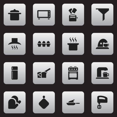 16 düzenlenebilir Cook simgeler kümesi. Tencere gibi simgeler içecek makinesi, mutfak Hood ve daha fazlasını içerir. Web, mobil, UI ve Infographic tasarımı için kullanılabilir.