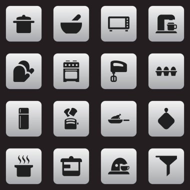 16 düzenlenebilir Cook simgeler kümesi. Buzdolabı, filtreleme, içecek makinesi ve daha fazla gibi simgeler içerir. Web, mobil, UI ve Infographic tasarımı için kullanılabilir.