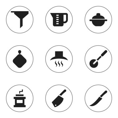 9 düzenlenebilir yemek simgeler kümesi. Mutfak Hood, Backsword, Mensural gibi simgeler içerir ve daha fazlası. Web, mobil, UI ve Infographic tasarımı için kullanılabilir.