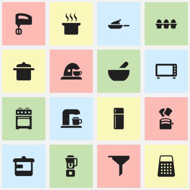 16 düzenlenebilir yemek simgeler kümesi. Fırın, dilim ekmek, buzdolabı ve daha fazlası gibi simgeler içerir. Web, mobil, UI ve Infographic tasarımı için kullanılabilir.